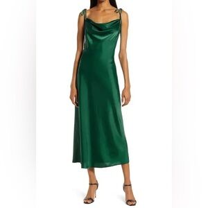 WAYF Beverly Cowl Neck Midi Dress Emerald Green Small Tie Straps Satin